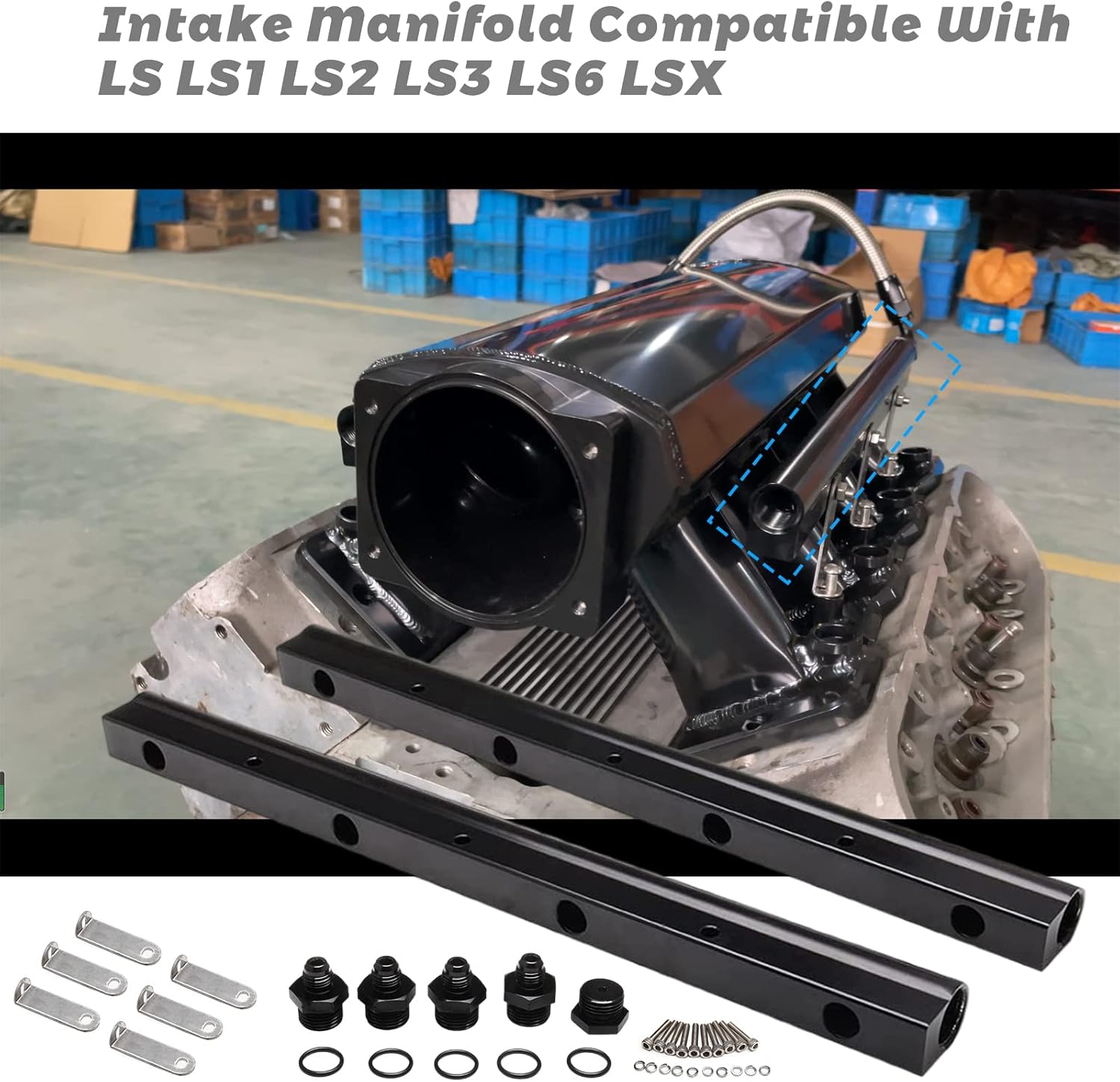 YESHMA Billet Fuel Rail Kit Compatible With LS LS2 LS3 LS6 Stock Intake Manifold 6AN+Hardware