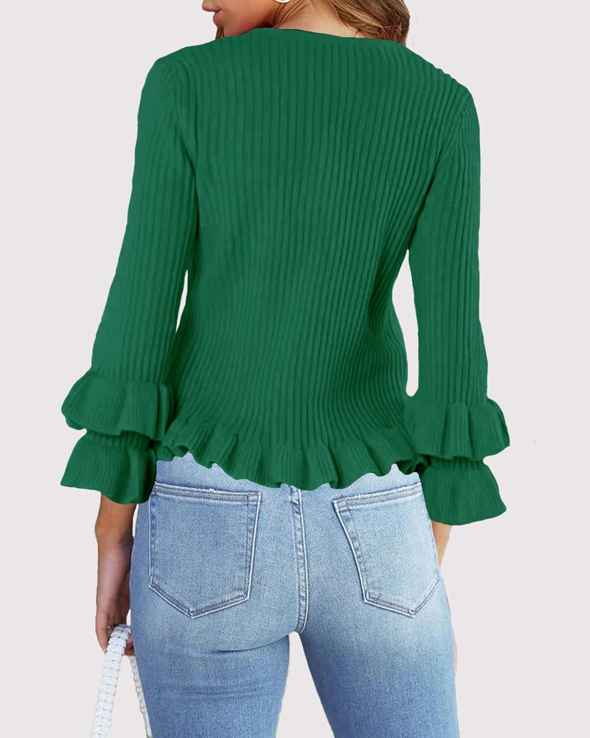 YUNLORIA Womens Fall Crew Neck Ruffle Pullover Sweaters Trendy Casual 3/4 Sleeve Ribbed Knit Sweater Tops - Image 2