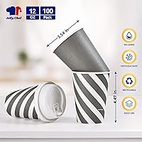 Vista 2 de JOLLY CHEF 100 Pack 12 oz Paper Coffee Cups, Disposable Printed Hot Cups with Lids for Home, Business, Restaurant and Cafe (Stripes and Grey)