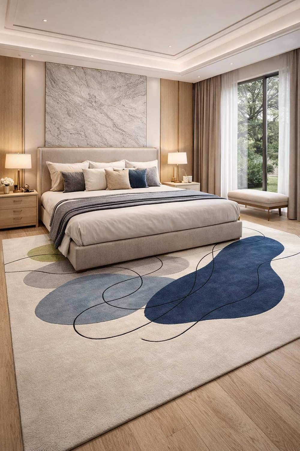 Modern Abstract Area Rug, Blue Green Gray Beige, Organic Flowing Shapes Design, Contemporary Home Decor (9 * 10 feet)