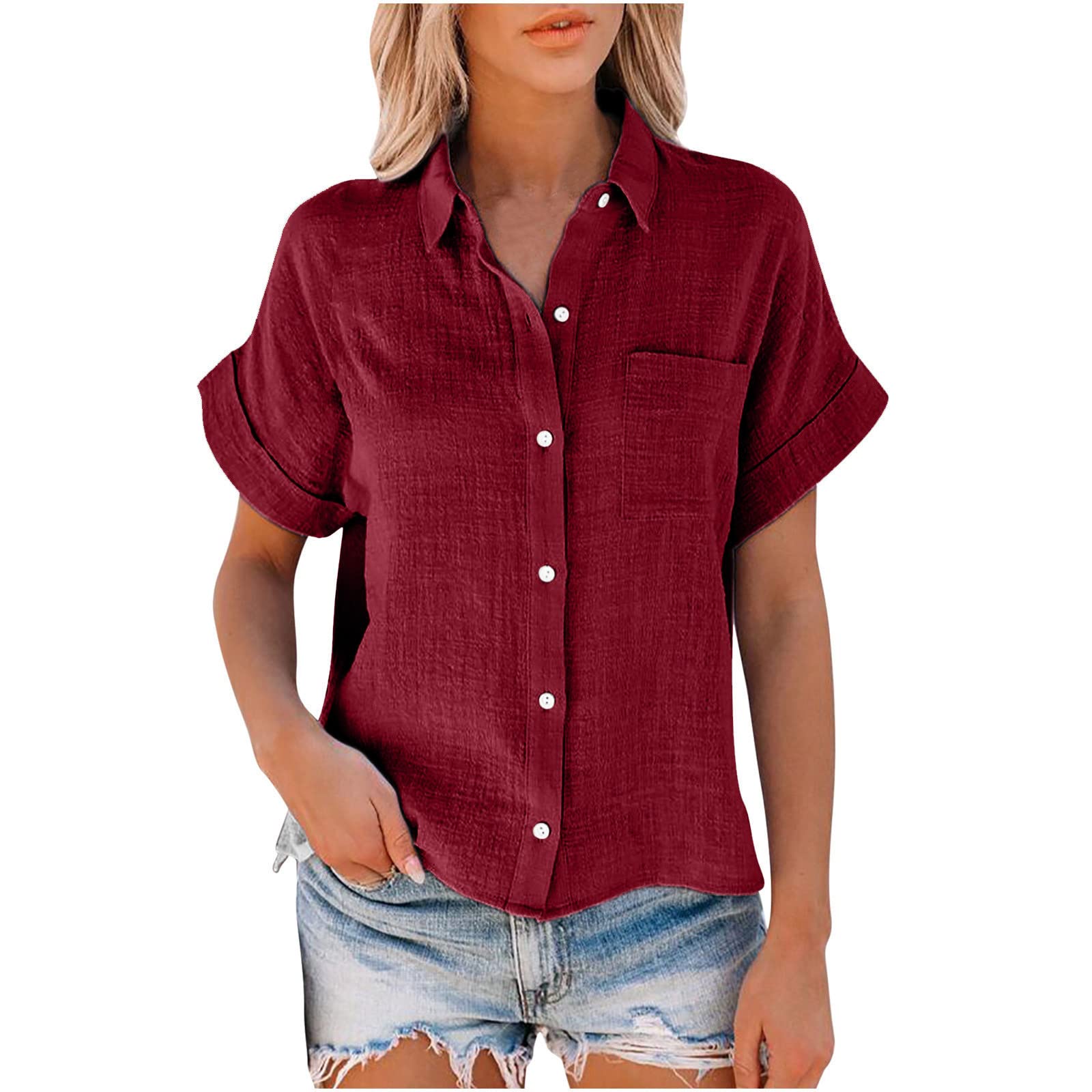 SMIDOW Plus Size Cotton Linen Tops for Women 2023 Summer Short Sleeve Button Down Shirt Casual Collared Tshirt Blouse Trendy