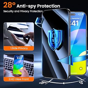 UniqueMe for iPhone 16 Privacy Screen Protector - [Auto Alignment Kit] Screen Protector 16 Tempered glass [Invisible Privacy Armor] 3D Full Coverage 9H screen 16 2Packs