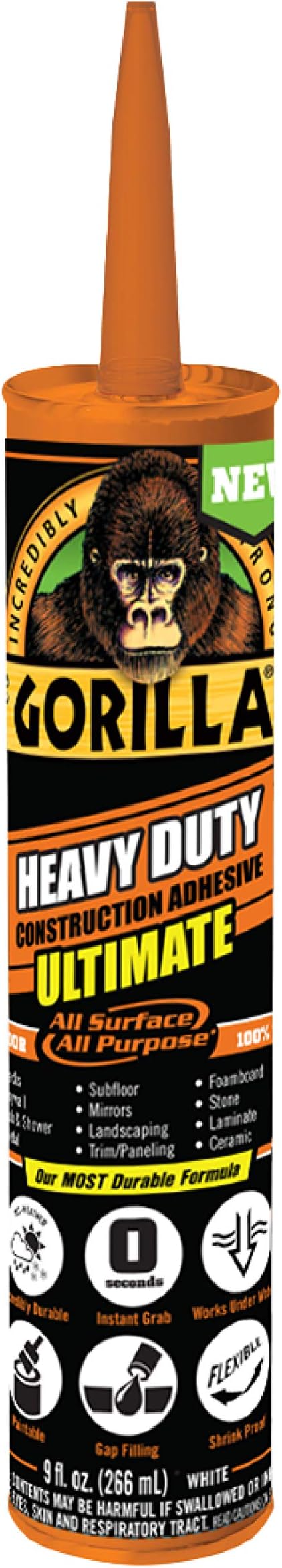 GorillaHeavy Duty Ultimate Construction Adhesive, 9 Ounce Cartridge, White, (Pack of 1)