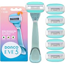 شفرات حلاقة Dorco EVE 5 - شفرات حلاقة ناعمة للنساء بمقبض واحد و6 عبوات خرطوشة، و5 شفرات منحنية مع شريط رطوبة مرن