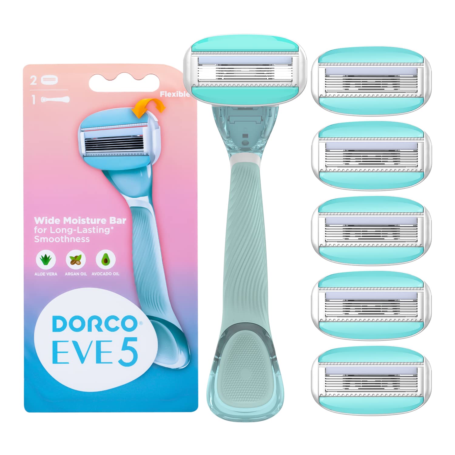Dorco EVE 5 Razors - Smooth Shaving Razors for Women with 1 Handle & 6 Cartridge Refills, 5 Curved Blades with Flexible Moisture Bar