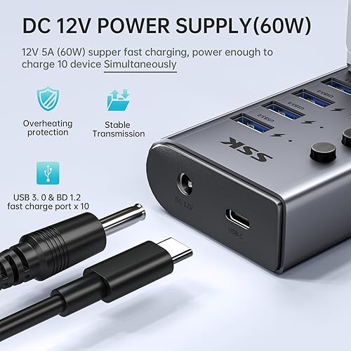 Miniatura 4 de SSK Hub USB 3.0 alimentado por 10 puertos, concentrador de carga USB de aluminio de 60 W con adaptador de corriente DC 12V5A, soporta carga rápida
