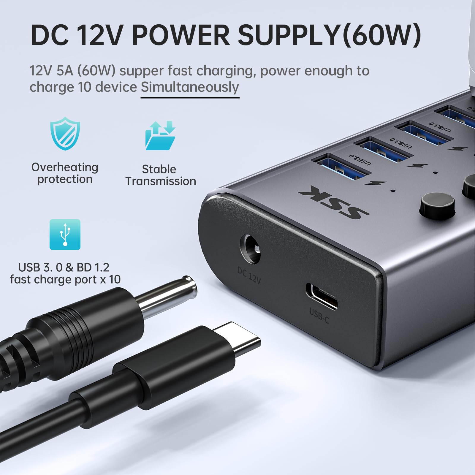 SSK Hub USB 3.0 alimentato a 10porte, splitter di estensione USB in alluminio con interruttori e LED individuali, hub di ricarica USB a 5 Gbps di dati con adattatore DC12V5A e cavo da 3,93 piedi