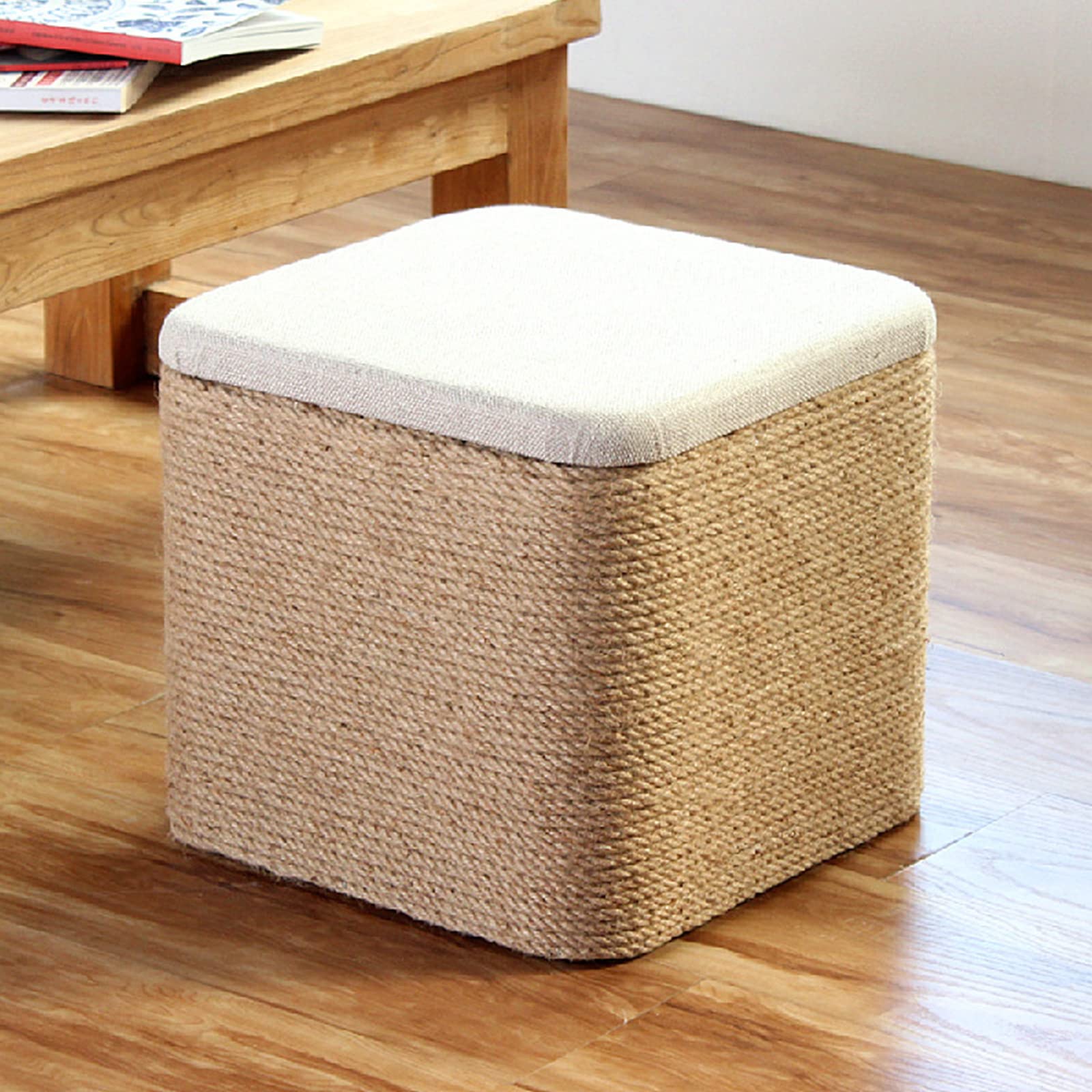 Pouf con portaoggetti salvaspazio in lino, grande pouf con poggiapiedi per corridoio per soggiorno e camera da letto, pouf fatto a mano in rattan naturale, 40x40x4