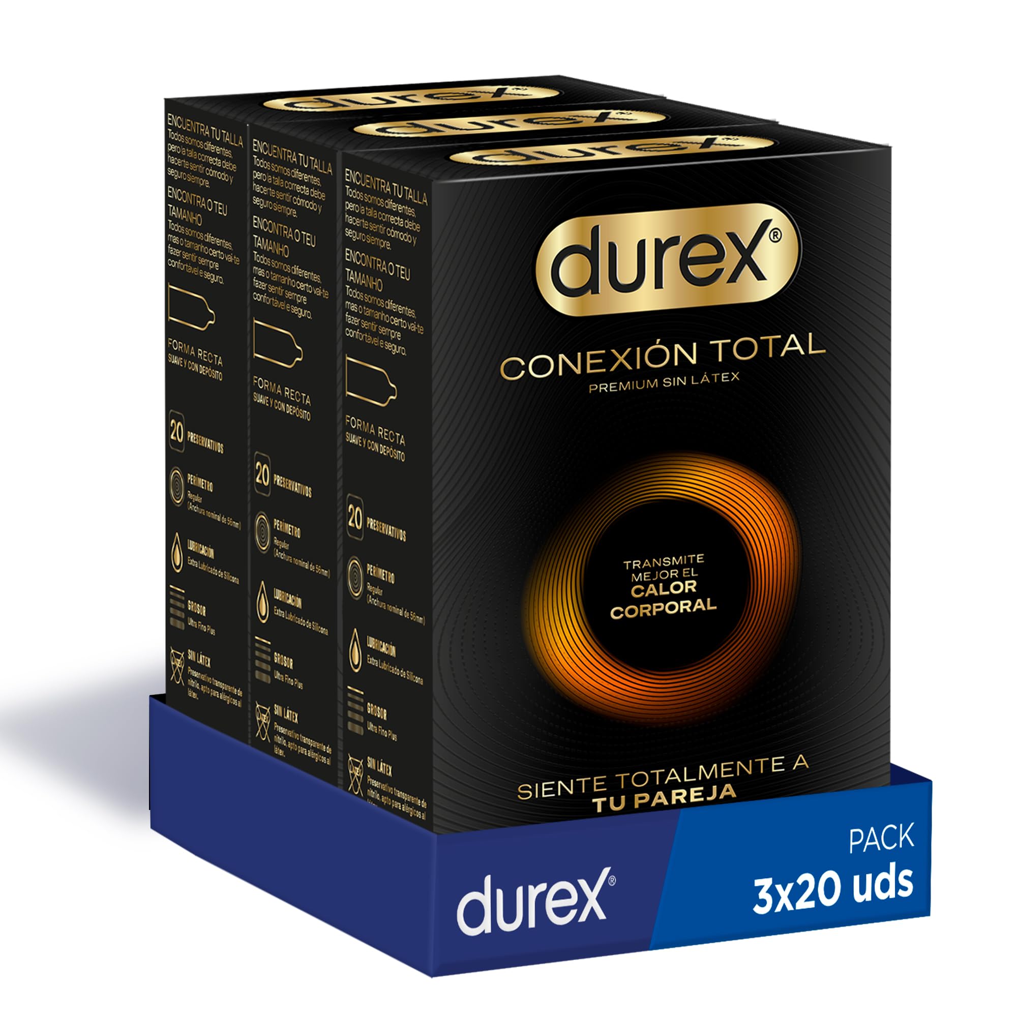 Durex Conexión Total Preservativo Ultra Fino Plus sin Látex con Tecnología Body Feel que Transmite Mejor el Calor Corporal, 60 Condones
