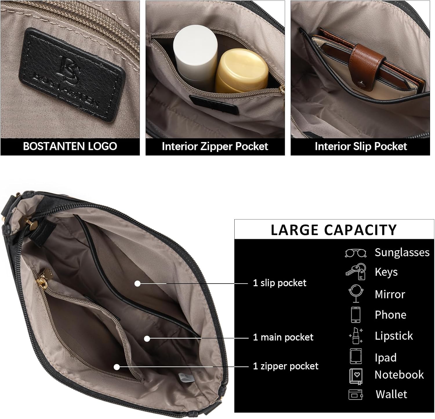 BOSTANTEN Crossbody Bags for Women Trendy Vegan Leather Hobo Purses Shoulder Handbags Wide Shoulder Strap - Image 4