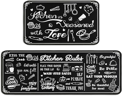 Juego de 2 alfombras de cocina en blanco y negro con temática de reglas de cocina, antideslizantes, 2 piezas para piso, lavables, absorbentes