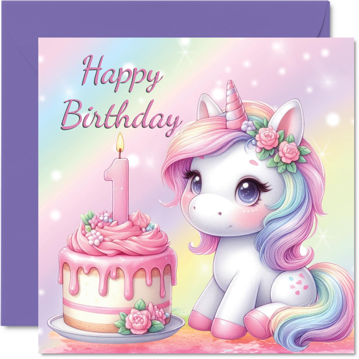 1st Birthday Cards for Girls, Unicorn Cake
