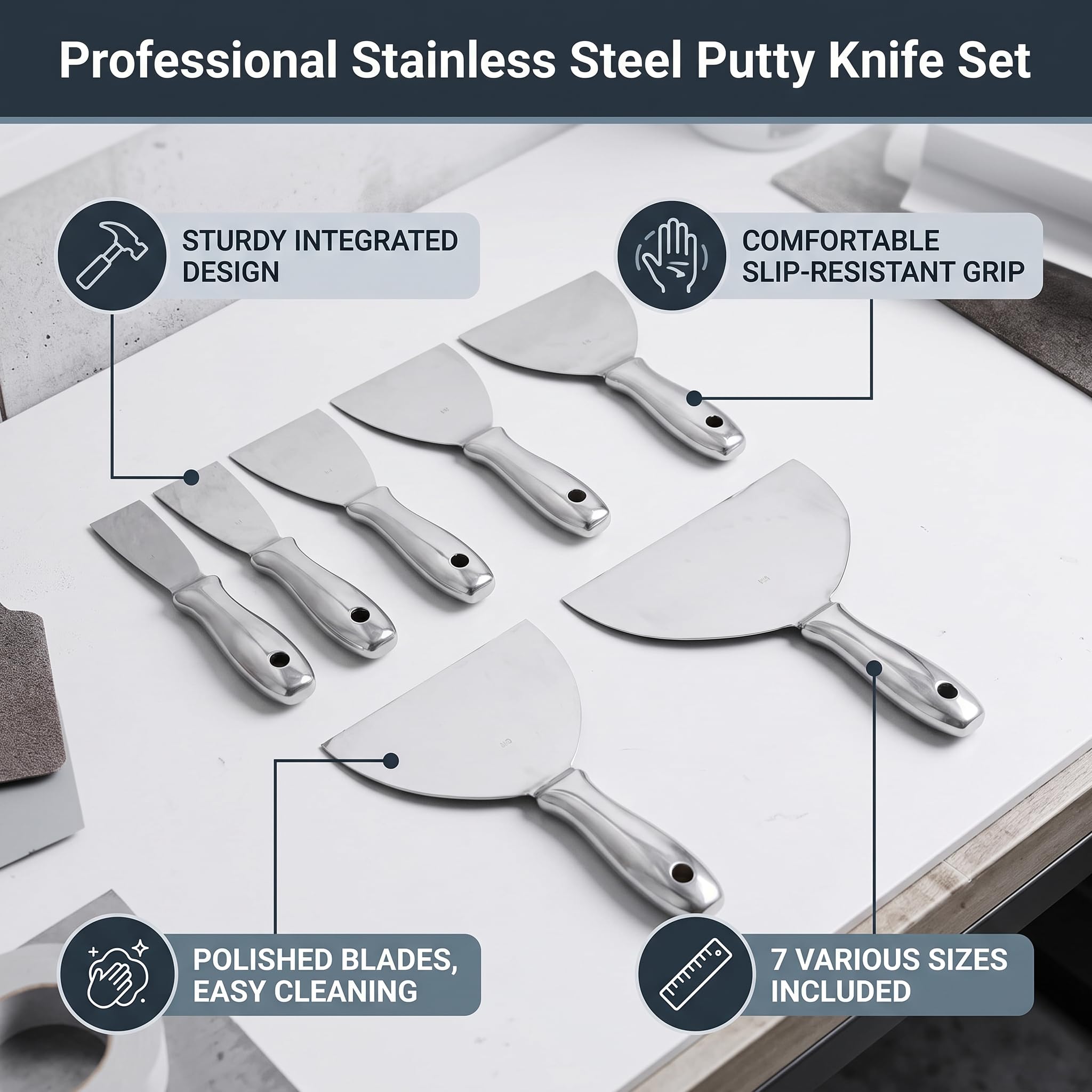 Zerodis Spachtel-Set, Edelstahl, 5-teilig, Trockenbau-Schaber Zum Entfernen von Tapeten, Ergonomischer, Leichter Griff für die Reparatur zu Hause
