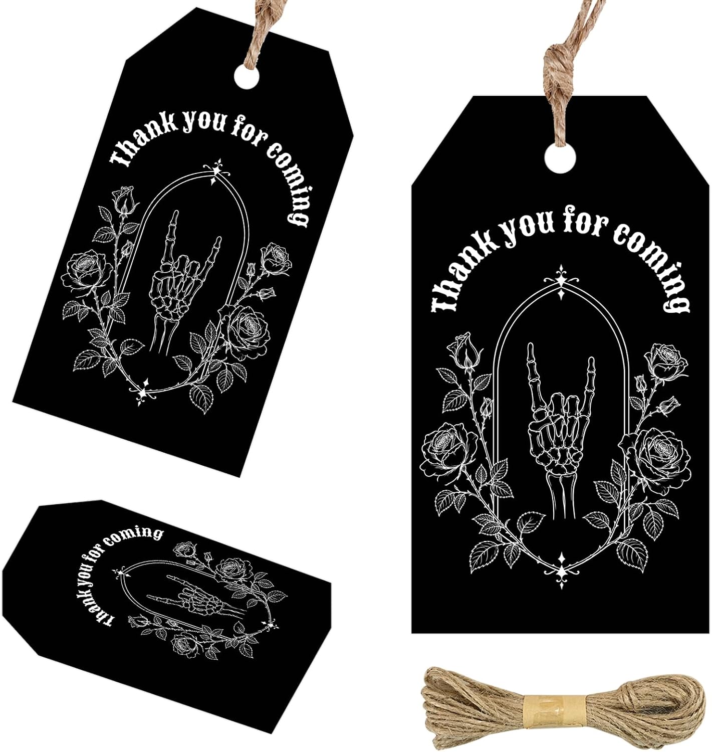 50Pcs Gothic Skeleton Hand Thank You Favor Tags Black White Floral Rose Hang Tags with Rock Hand Skeleton Print for Halloween Bachelorette Party Gift Wrapping Supplies