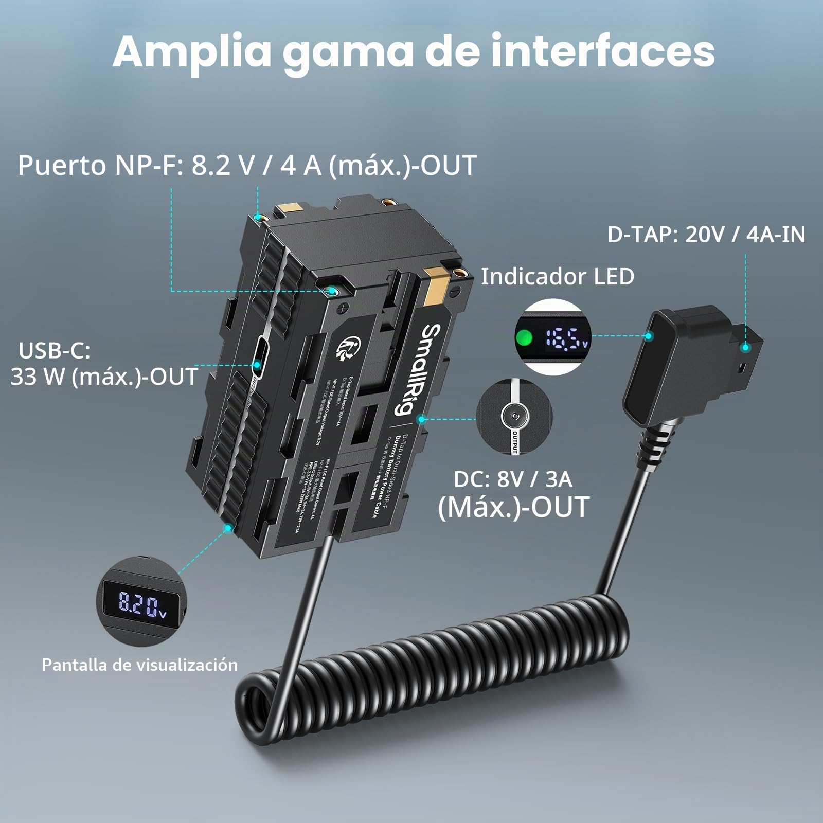 SMALLRIG D-Tap a batería ficticia NP-F de Doble Cara, con USB-C, Puerto de CC, Pantalla LED, para Monitor y transmisores de vídeo inalámbricos - 4884