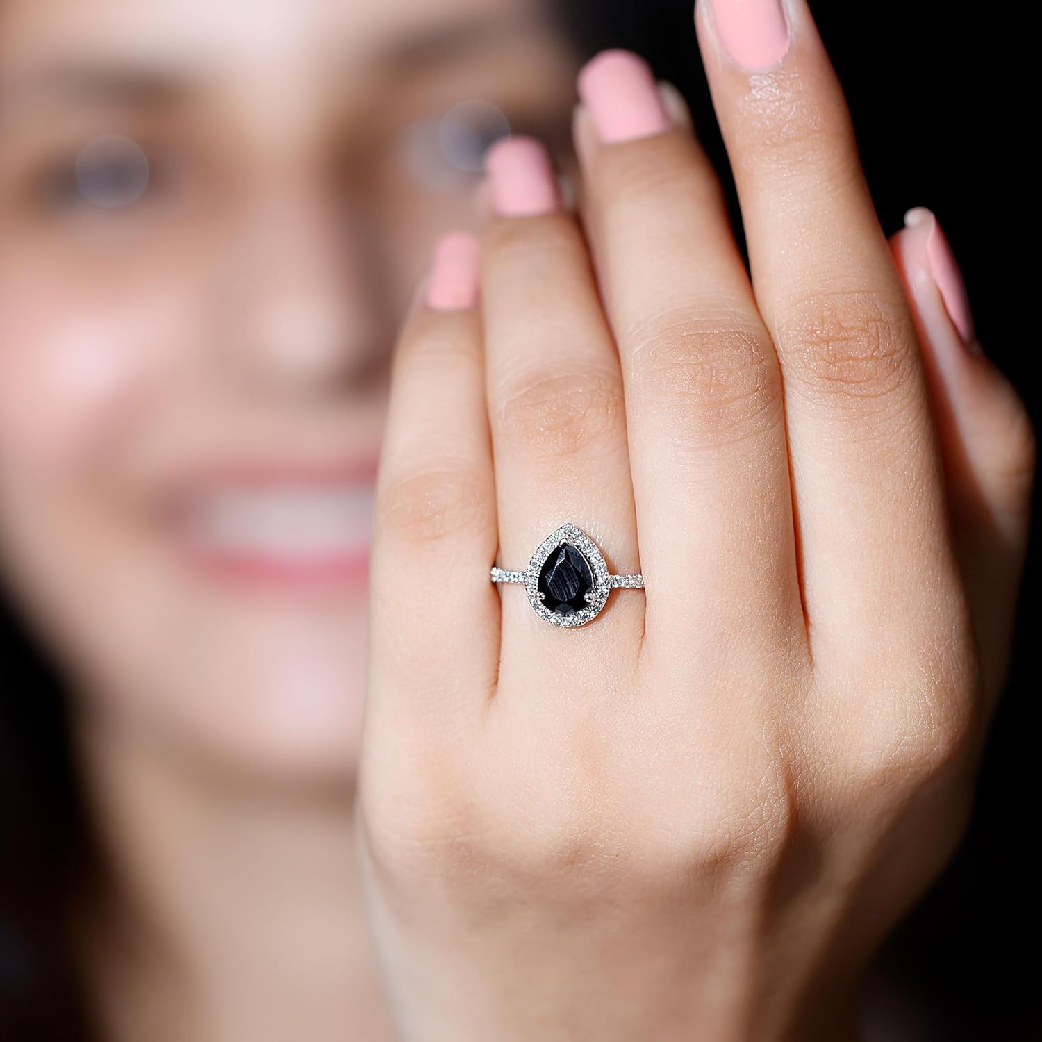 Certified 1 Carat Black Onyx Pear Shape Engagement Ring, AAA Quality, Natural Onyx Diamond Ring - Mothers Day Gift