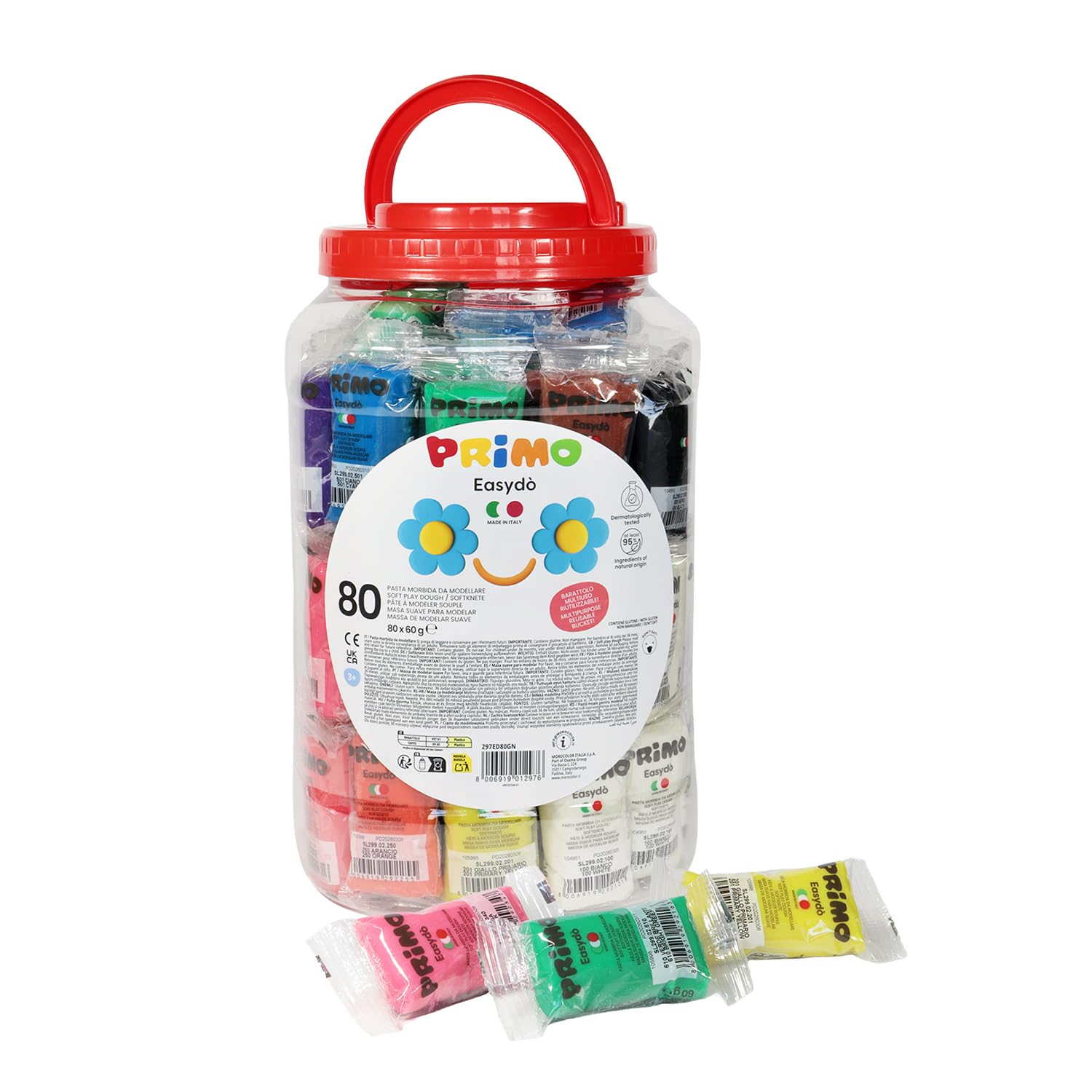 PRIMO Easydò - Pasta da Modellare, Pasta Modellabile 80 Panetti 60g x 19 Colori per Bambini 3+ Anni Classic, Fluo, Metal e Pastel - Made in Italy e Testata, Cartoleria e Lavoretti Creativi per Bambini