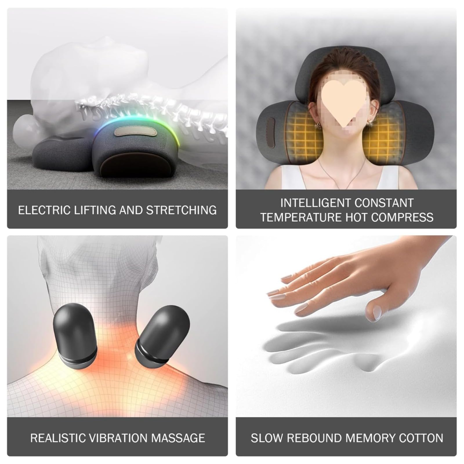 Qelara Almohada CerviFlex - 3 En 1 Masaje Cervical Con Calor, Espuma Viscoelástica, Diseño Ergonómico, Alivia Dolor De Cuello Y Hombros, Relajante, Apta Para Hogar Y Oficina. (Negro)