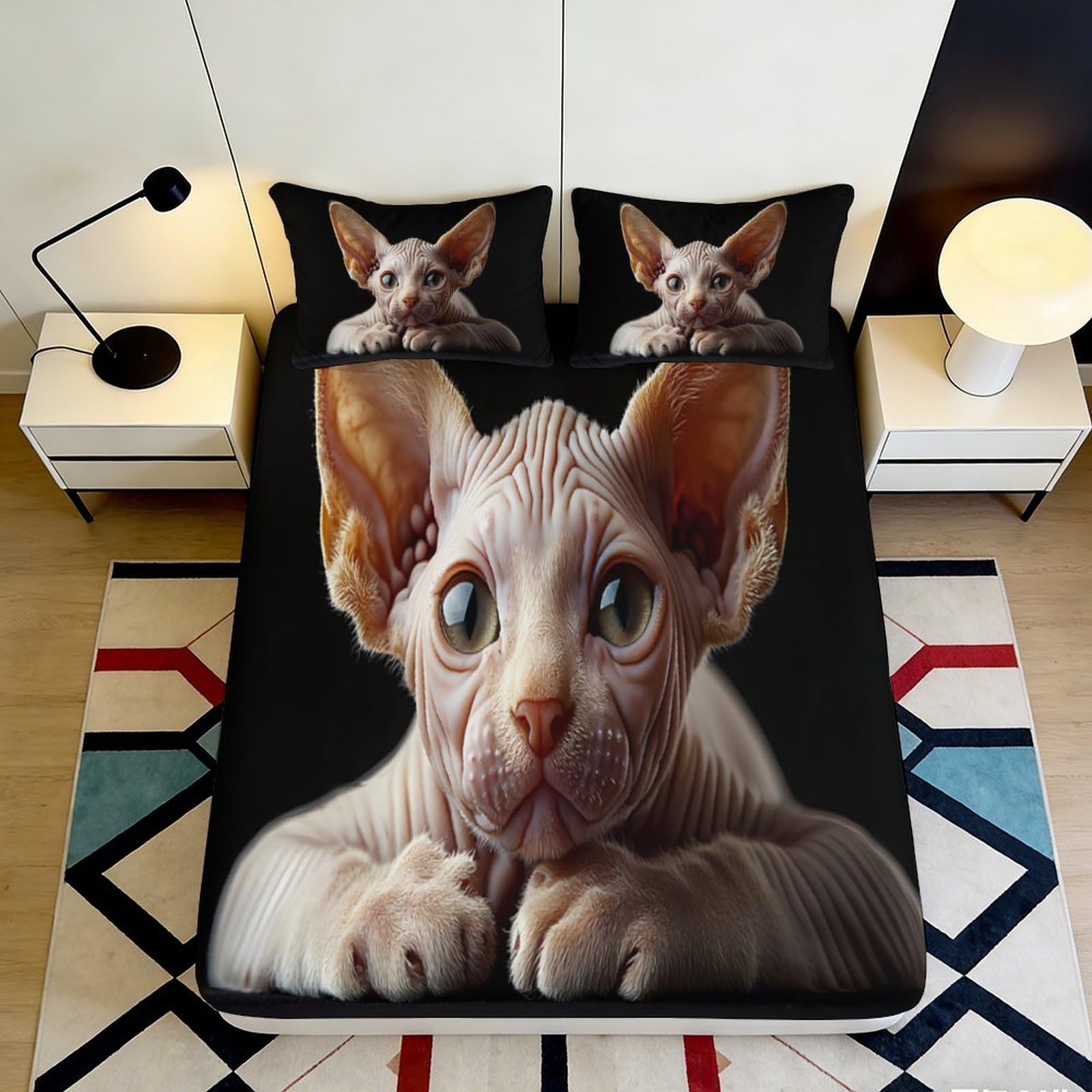 3D Printed Sphynx Cat Fitted Sheet Microfiber Soft Breathable Hairless Cat Mattress Cover for Bedroom Dormitory Guest Room Mattress Protection Decor 160x200x25cm