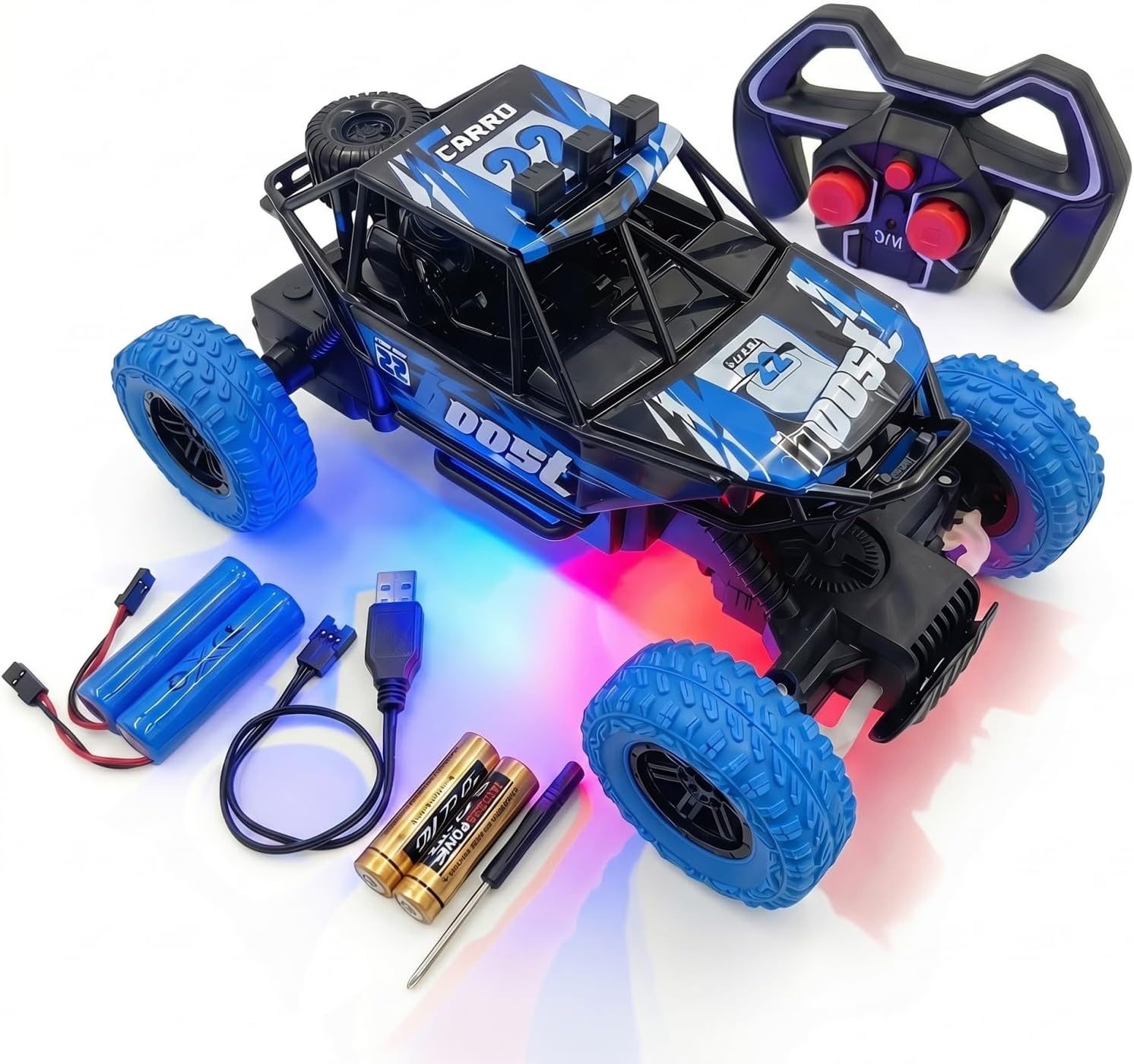 1:20 Scale RC Car for Teens Adults 14+, Black Blue 4WD Off Road RC Truck with 2 Lithium Batteries, 2.4GHz, 4CH, Vacuum Tires & LED Light - Outdoor Gift