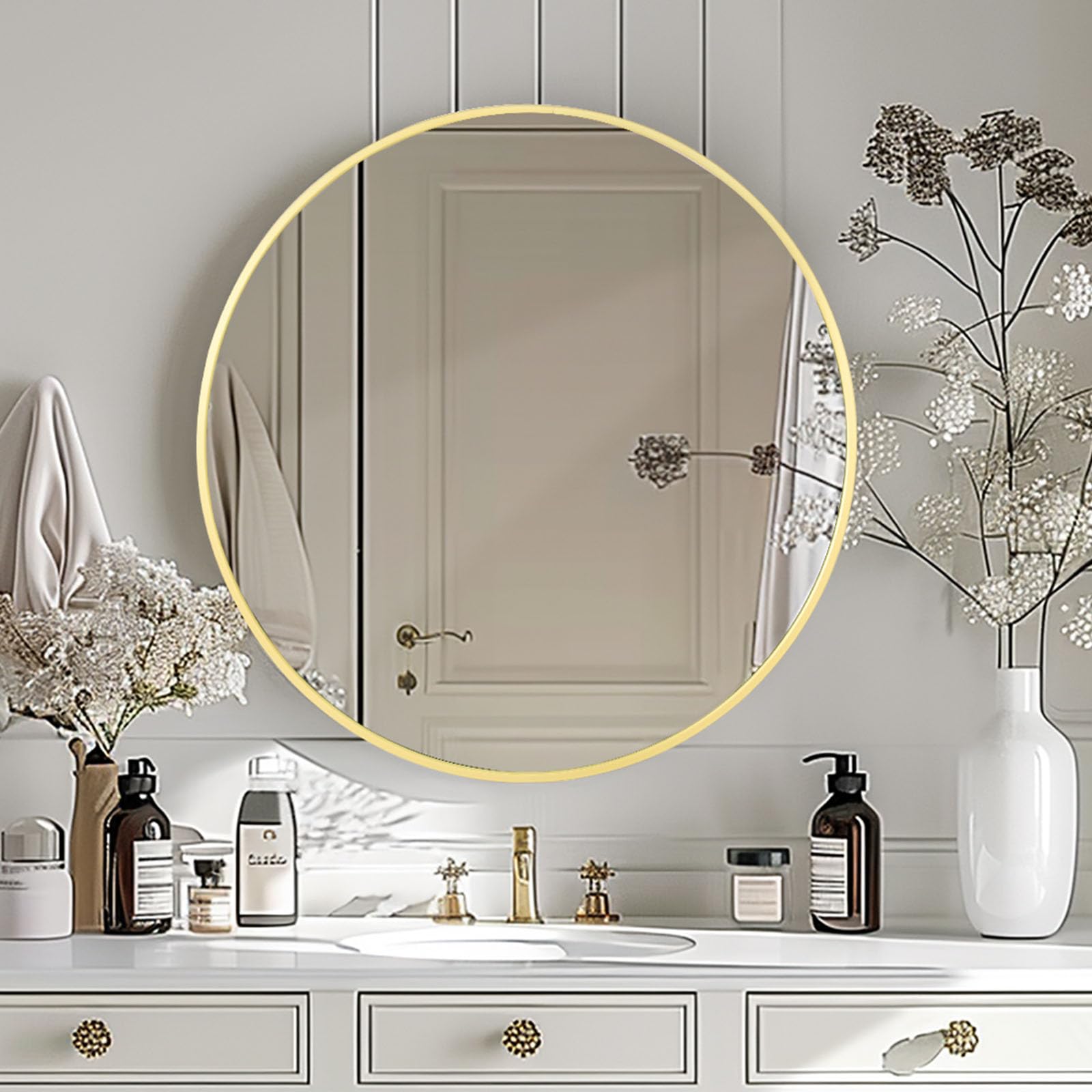 LunaMirror Round Wall Mirror 76x76 CM Circle Wall-Mounted Bathroom Vanity Mirror Stylish Black Aluminum Frame Home Decor Hanging for Bathroom Hallway Entrance Living Room Bedroom