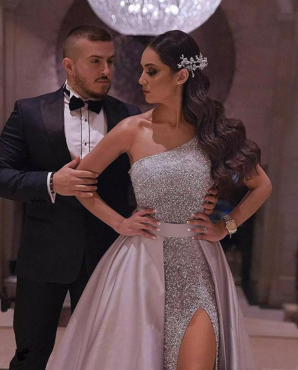 One Shoulder Prom Dresses Sequin Ball Gown Detachable Satin Formal Evening Dress with Slit