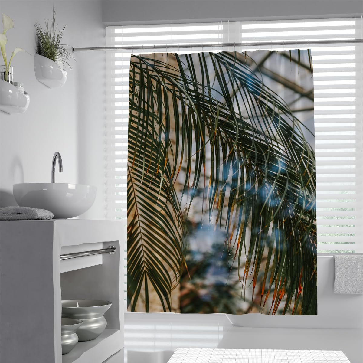 UIRINGART Green Palm Fronds Bath Curtain W150xL200cm Tropical Sunshine Exotic Tree Waterproof Mildew Resistant Rustproof Grommets Bathroom Curtain with Hooks