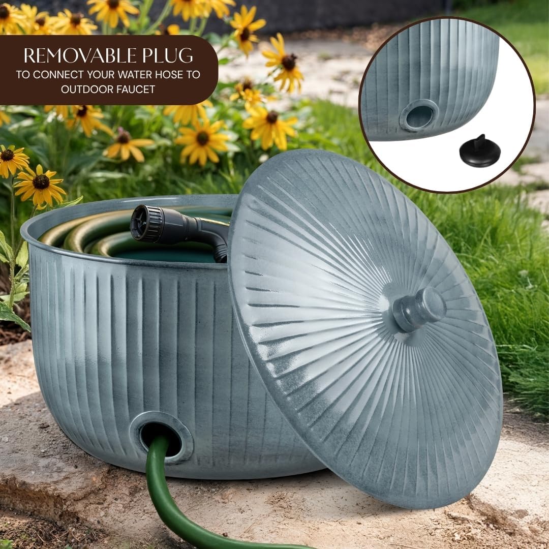 Monarch Abode Garden Hose Holder with Lid – Decorative Water Hose Holders for Outside, Ridge Embossed Metal Patina Pot with Drainage, 100ft Waterhose Holder for Outside, Garden Storage Caddy