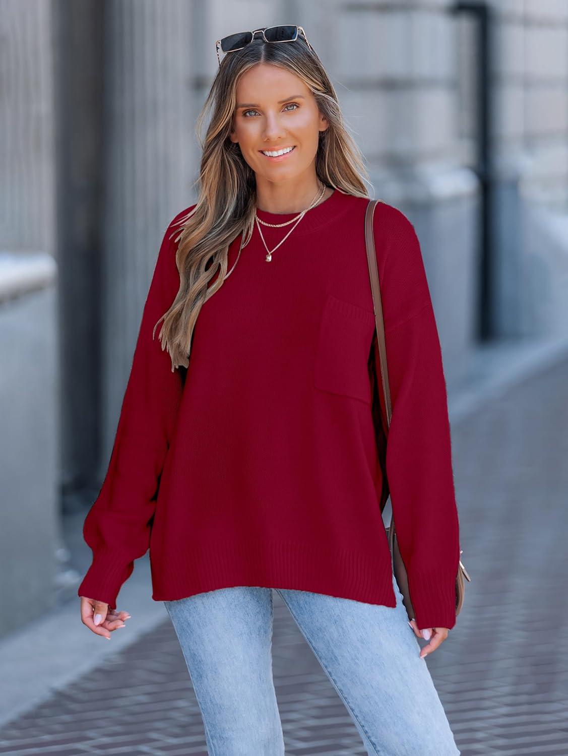 SunnyMelody Womens Oversized Pocket Sweater Fall 2025 Trendy Ribbed Knit Crew Neck Long Sleeve Side Slit Pullover Tops - Image 4