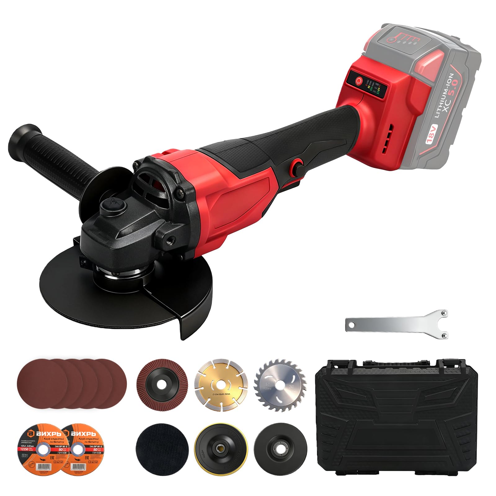 Smerigliatrice angolare a batteria da 125 mm, compatibile con Milwaukee M 18 V (senza batteria), 900 W, 9000 giri/min, smerigliatrice angolare brushless a 3 velocità, 12 dischi, impugnatura aggiuntiva