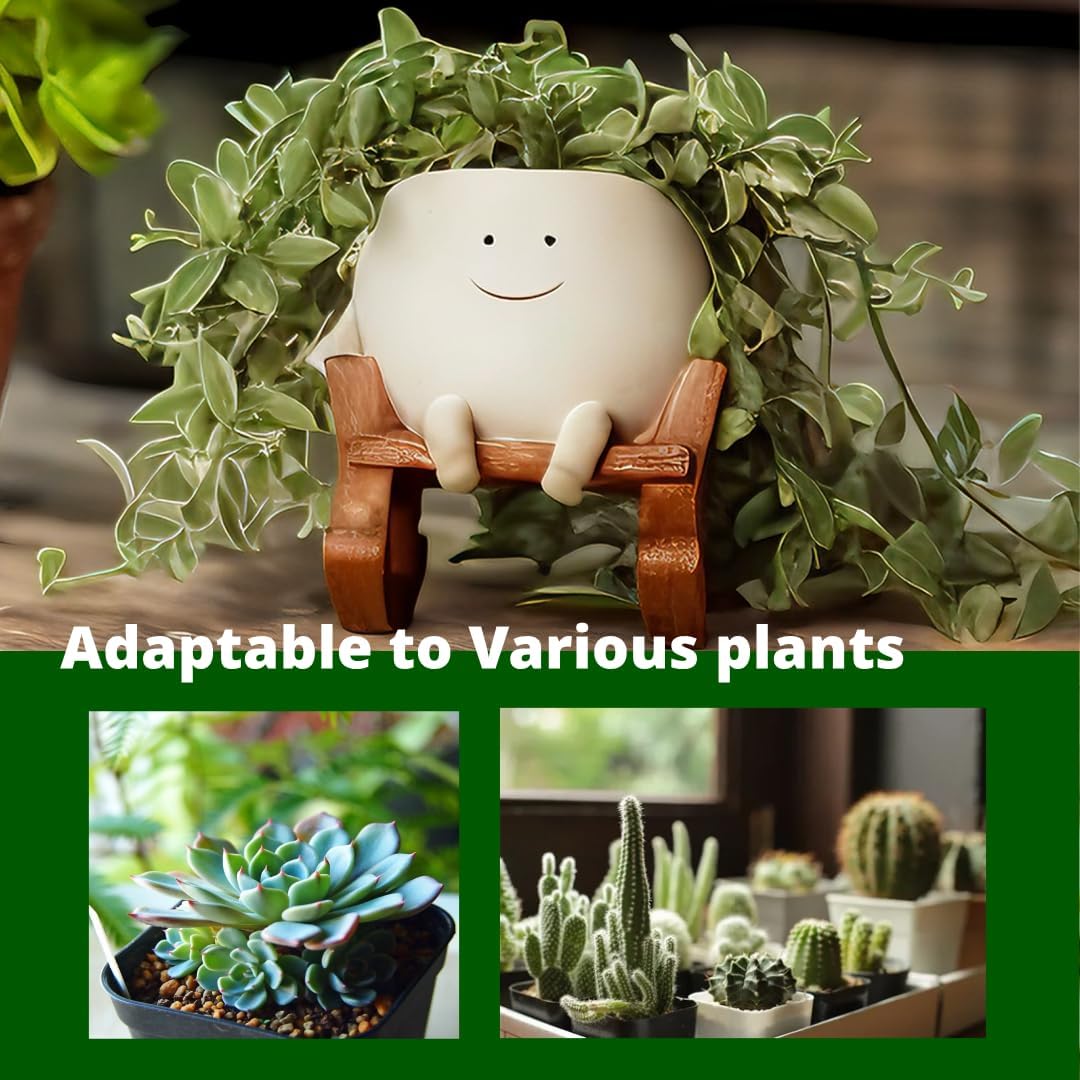 Large Smily Face Planter Pot Cute Smile Flower Planter for Indoor Outdoor, Resin Rocking Chair with Drainage Hole, Pearls Succulents Plants Live Pots Unique Ideals Gift(Large)