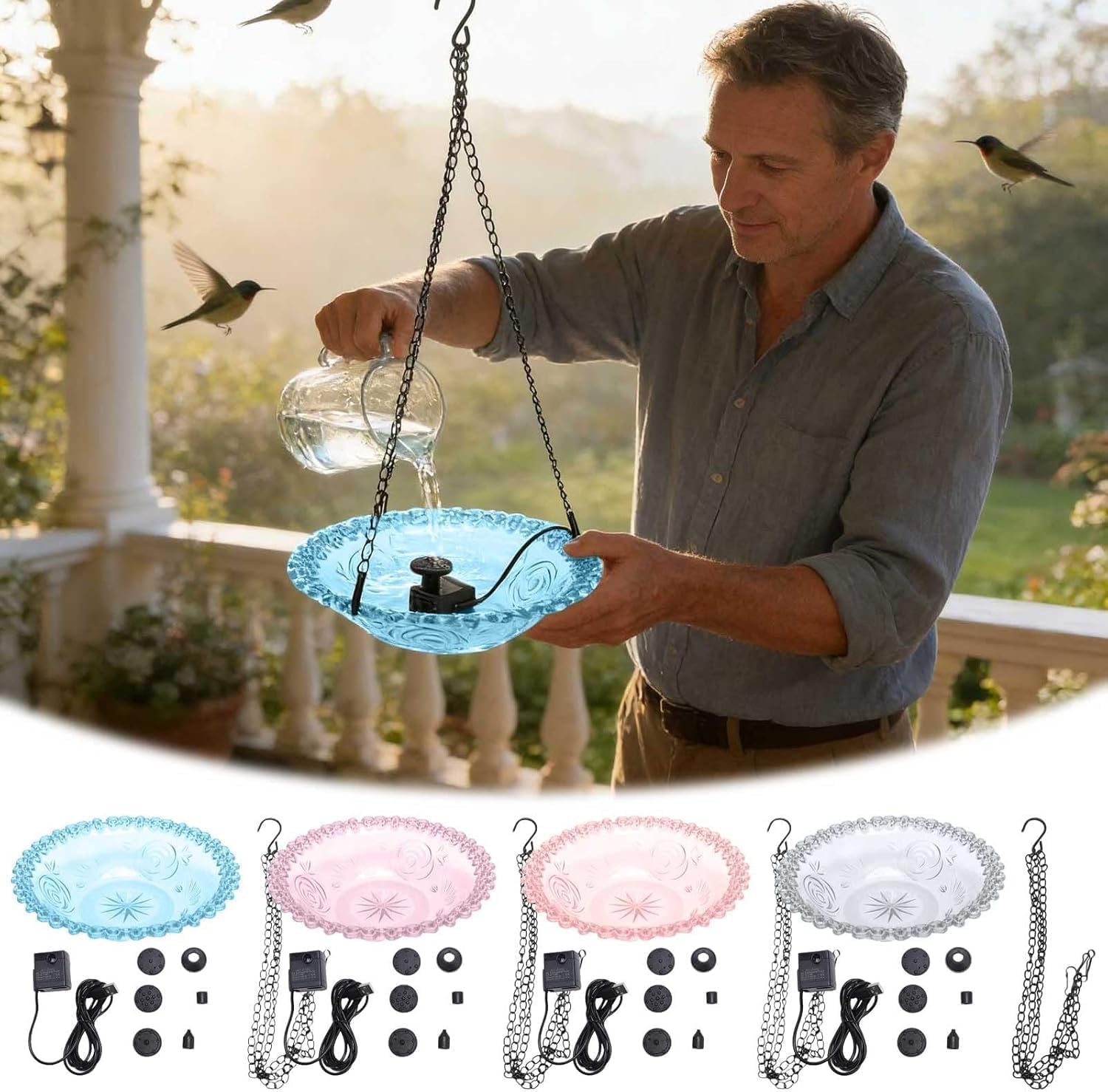 Hanging Solar Bird Bath Fountain, Solar Cascade Hanging Bird Bath Fountain, Hanging Bird Bath with Flowing Water, Bird Bath Fountain Decorative Garden Yard Patio for Outdoor (2Pcs A)