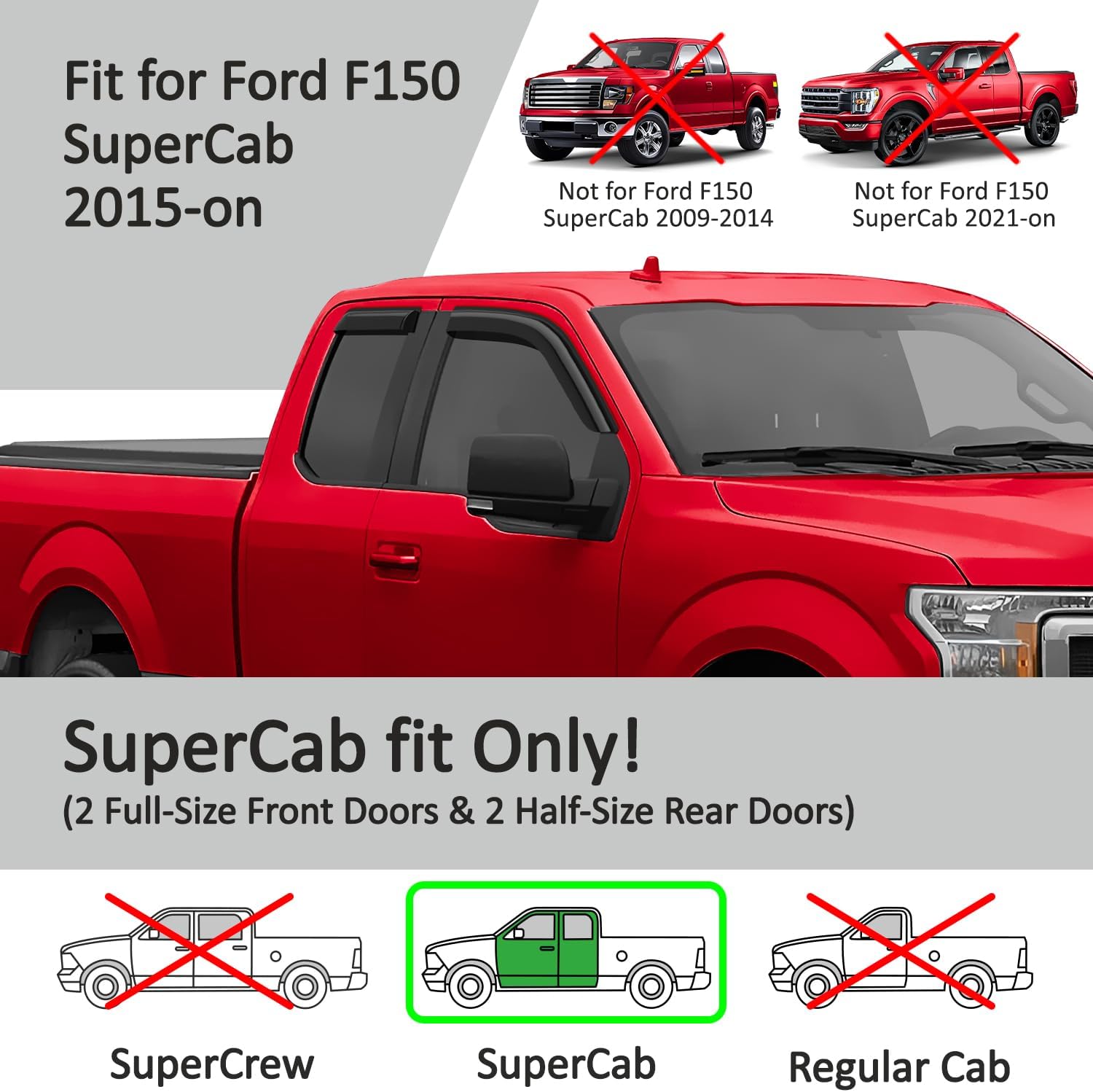 Voron Glass Tape-on Extra Durable Rain Guards for Trucks Ford F-150 2015-2025 SuperCab, Window Deflectors, Vent Window Visors, 4 Pieces - 130021