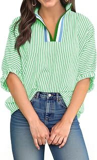 Tankaneo Womens V Neck Striped Polo Shirts Dolman Puff Sleeve Summer Tops | Blouse, Color Block, Oversized, Casual, Loose Fit