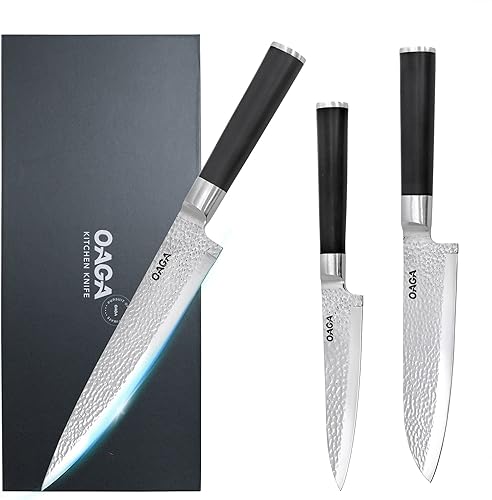 OAGA Juego de cuchillos de cocina, juego de cuchillos de chef profesional con hoja ultra afilada y artesanía martillada a mano, 3 cuchillos