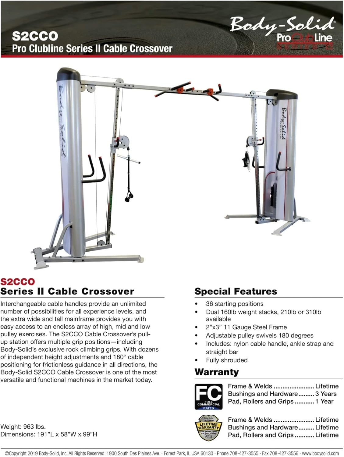 Body-Solid (S2CCO-1) Pro Clubline Cable Crossover Column Machine with 160 lbs. Dual Weight Stack for Fitness Workouts, Adjustable Pulley Cable Workout Machines for Strength Training