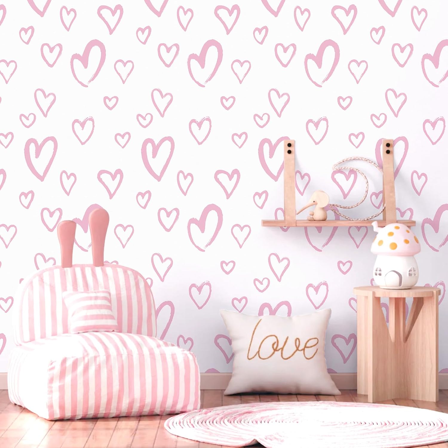 Pink Peel and Stick Wallpaper Modern Heart Vinyl Contact Paper Self Adhesive Removable Love Wallpaper 17.3 x480 DIY for Bedroom Girls Room Decoration Nursery Room Wall Decals
