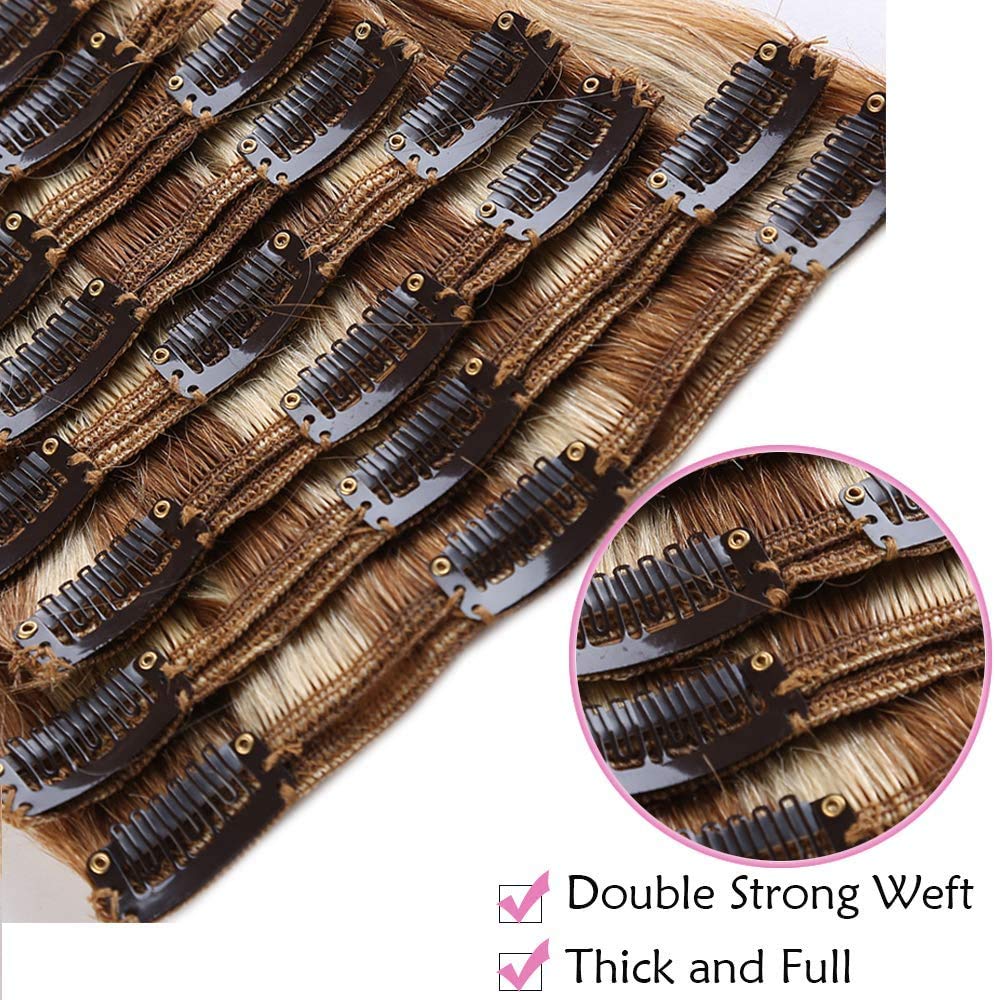 SEGO Extension Clip Capelli Veri Volumizzante 25cm - 100% Remy Human Hair Lisci Naturali 8 Fasce da Set Pesa 110g #12P613 Castano Oro balayage Biondo Chiarissimo