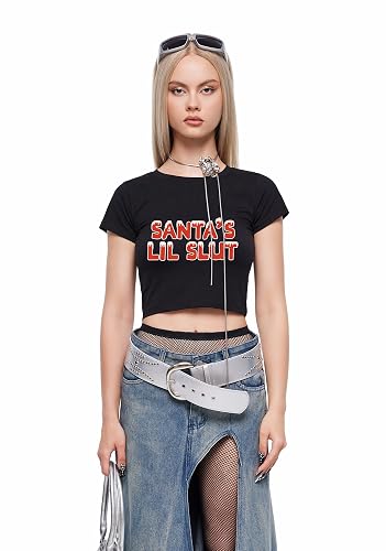 Baby Tees for Women Y2k - Santa Funny Short Sleeve Crew Neck Crop Tops Going Out Top T-Shirt - Small Short