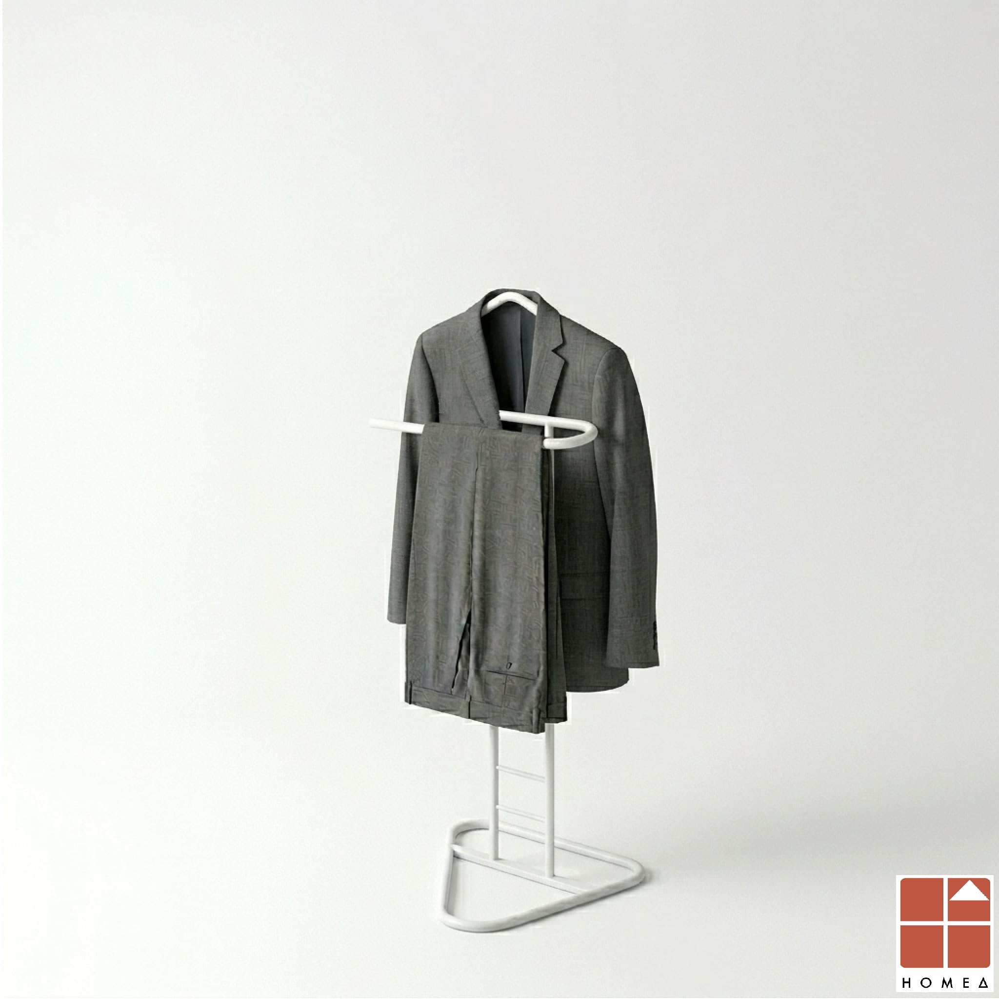 Generico Homea Servo Muto da Camera in Metallo Indossatore Appendiabiti da Terra Salvaspazio - 43,5x36x110,5cm - Omino Porta Abiti con Design Moderno, Stand per Giacche, Pantaloni e Camicie (Bianco)