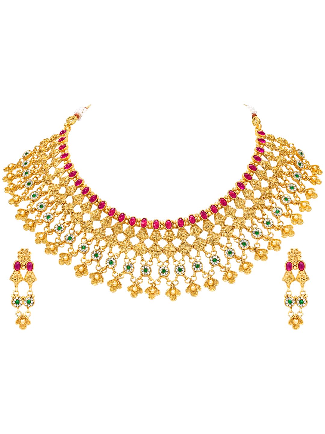 Rani Pink Green Ethnic Necklace Earrings Set for Women & Girls | Gold Plated | Faux Ruby Emerald Studded | Festive Bridal Jewellery | Anniversary Birthday Gift for Her-image-42