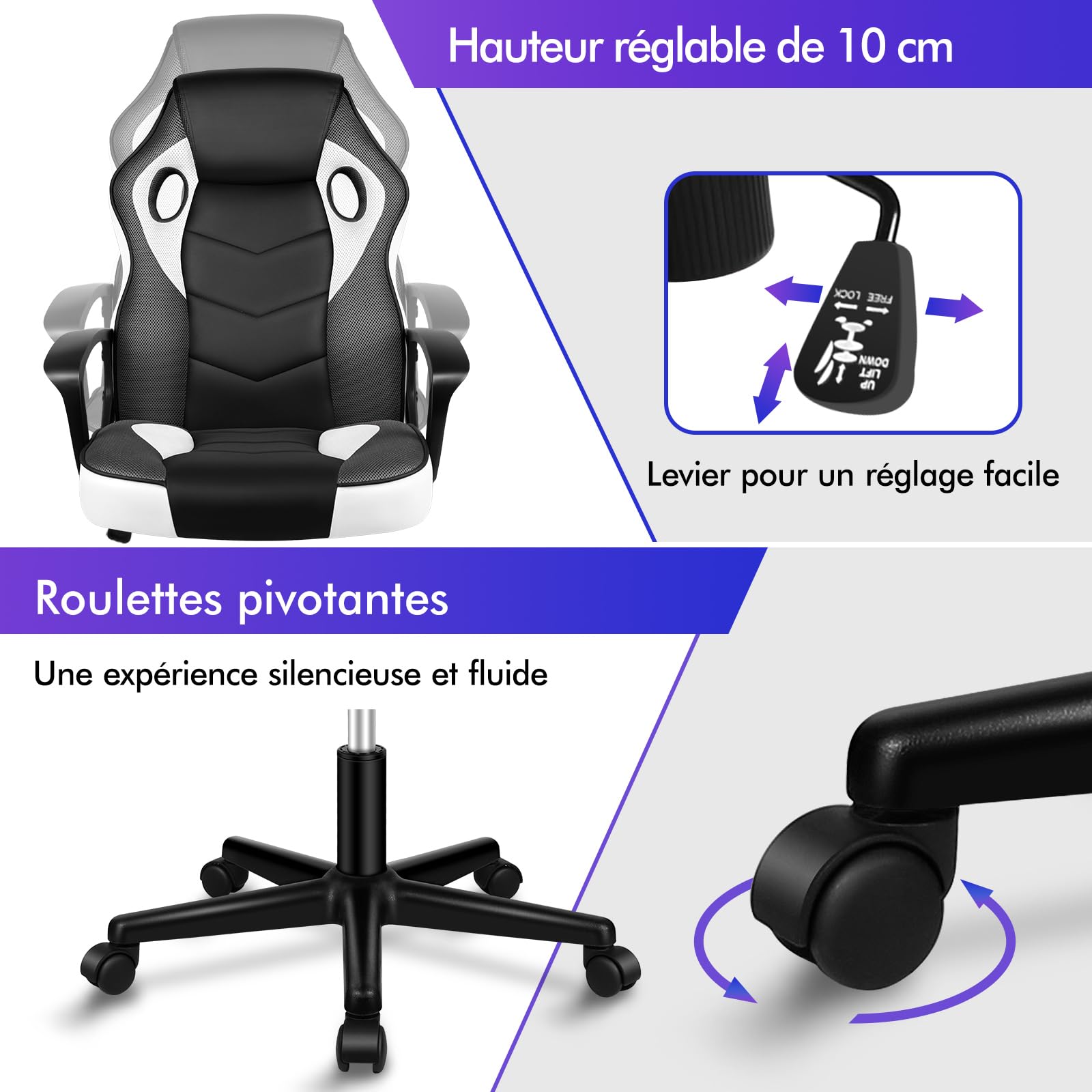 ALFORDSON Chaise de Bureau Racing, Chaise de Bureau Ergonomique réglable en Hauteur et rembourrée, capacité de Charge de 150 kg, Chaise de Jeu PC pivotante pour Bureau à Domicile,Blanc