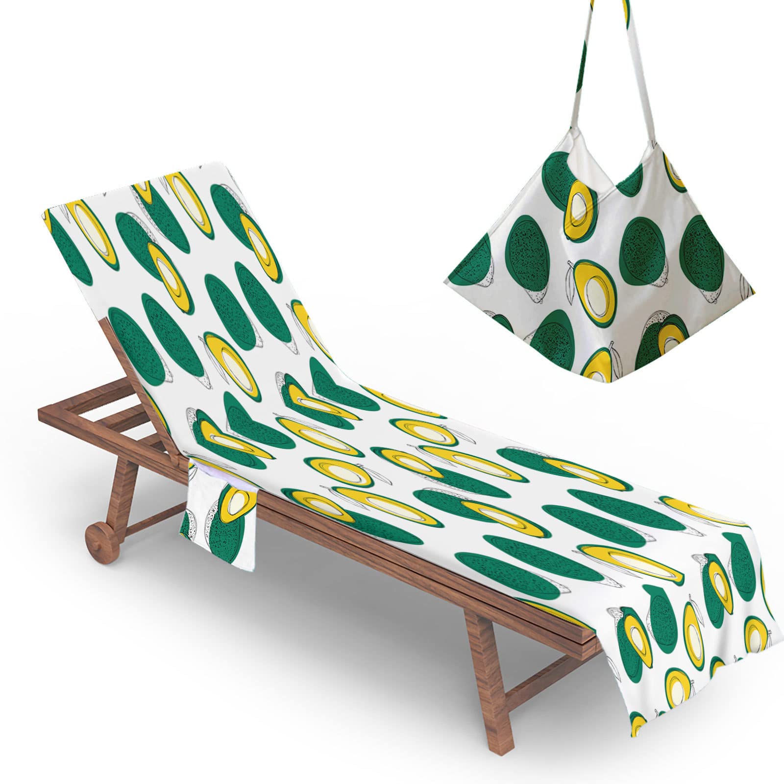 RRrawgff Beach Chair Cover Towel, Avocado Print Beach Towel Lounger Bags with Pockets Sunbed Towels Fitted Microfiber Sun Lounger Towels for Summer Outdoor Garden Pool Vacation (Green Avocado)