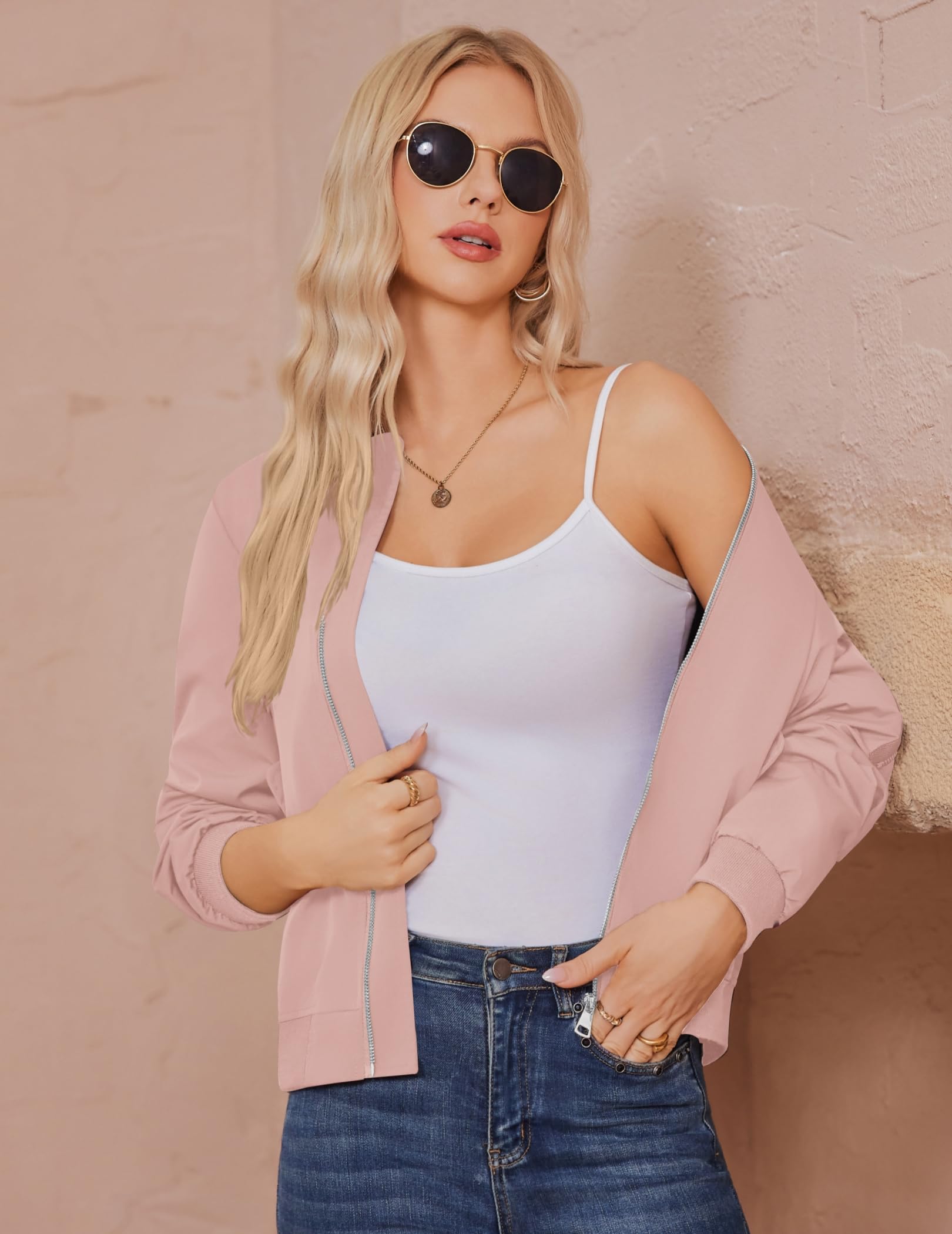 Zeagoo Kurtka bomberka damska, krótka, lekka kurtka lotnicza, z długim rękawem, na wiosnę, na lato, kurtka wierzchnia, S-3XL, Rosa, XL
