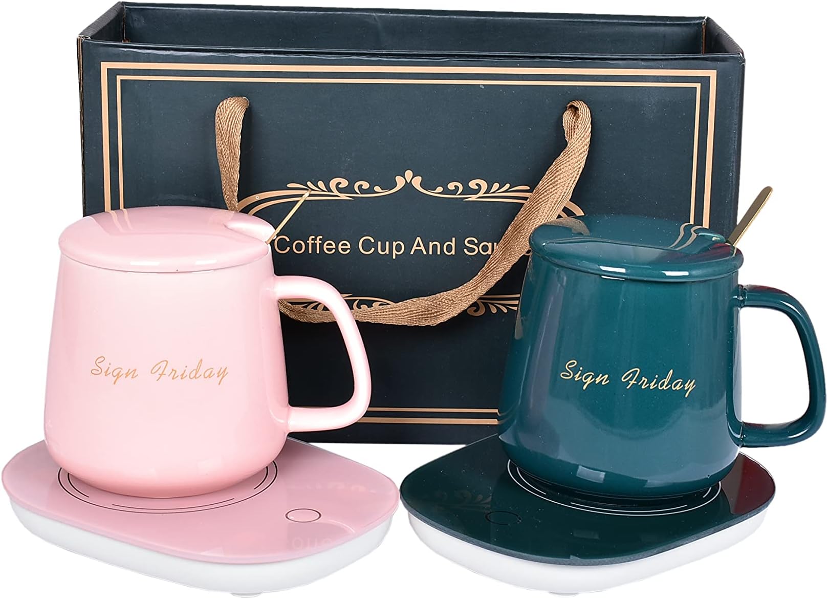 Coaster Electric Coffee Cup,Gift set, Mug Warmer with Lid & Golden Spoon, Office Coffee, Tea, Milk Warmer set, (GREEN)
