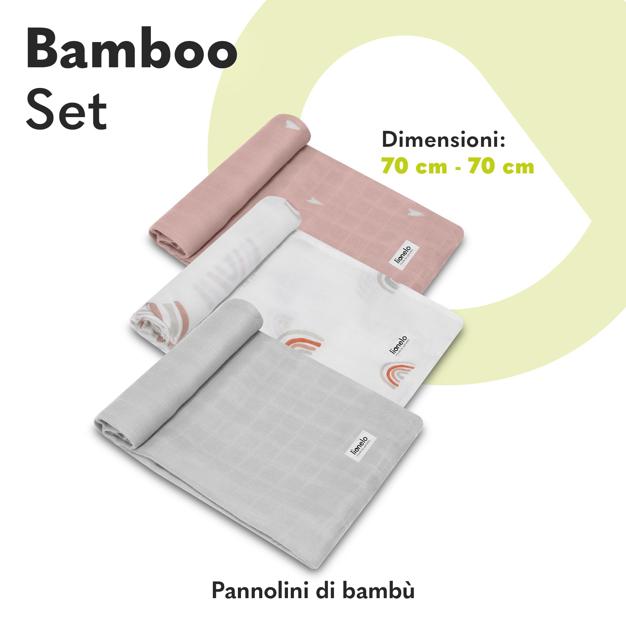 Lionelo Bamboo Set 3 Pezzi Mussole per neonato 70x70 cm in cotone bambù 100% naturale, Sicure dal primo giorno di vita, Antibatteriche Antimicotiche Ipoallergeniche Morbide Fasciatoio odori resistenti