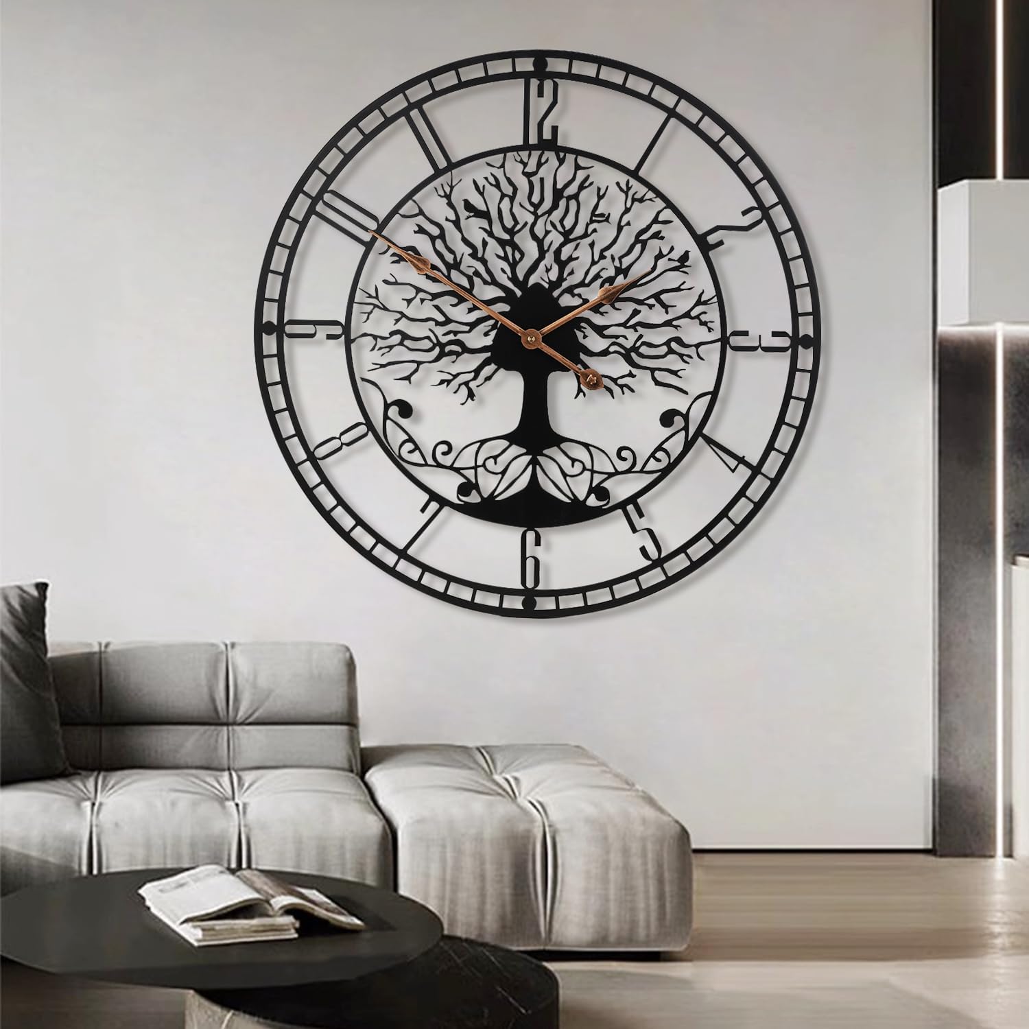 Dankeit Tree of Life Wall Clock, 24inch Black Metal Wall Clock, Silent Quartz Movement, Modern Home Decor