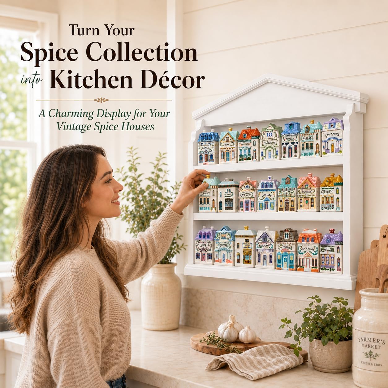 1989s Vintage Spice Village Wooden Rack - Village Spice House Wall-Mounted Display Shelf for 24 Jars | Charming Holiday Village Kitchen Decor for Collectors and Porcelain Enthusiasts (White, Village) image 5