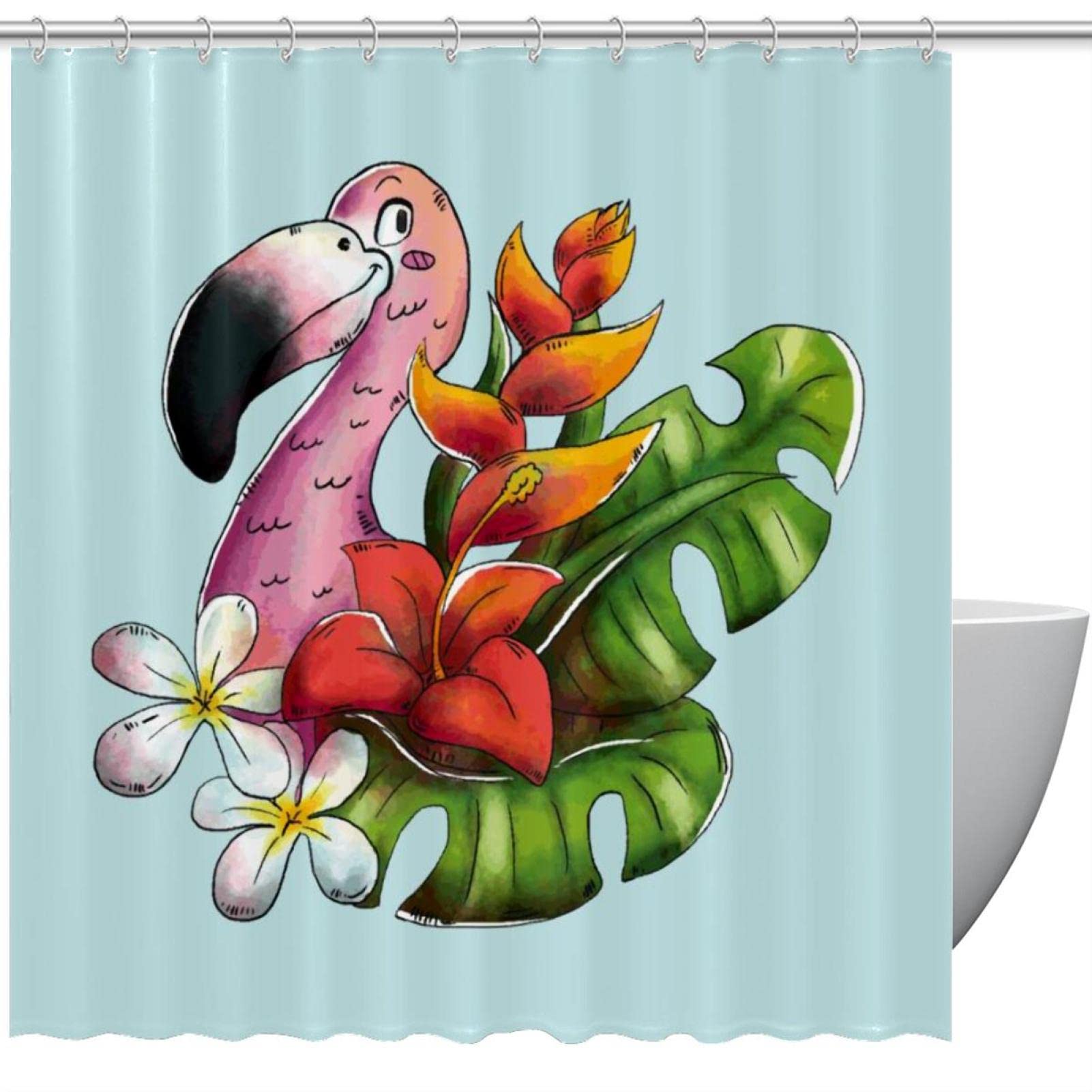 Rideau de douche Flamingo Bleu Animal 183 cm fini l'eau sur le carrelage