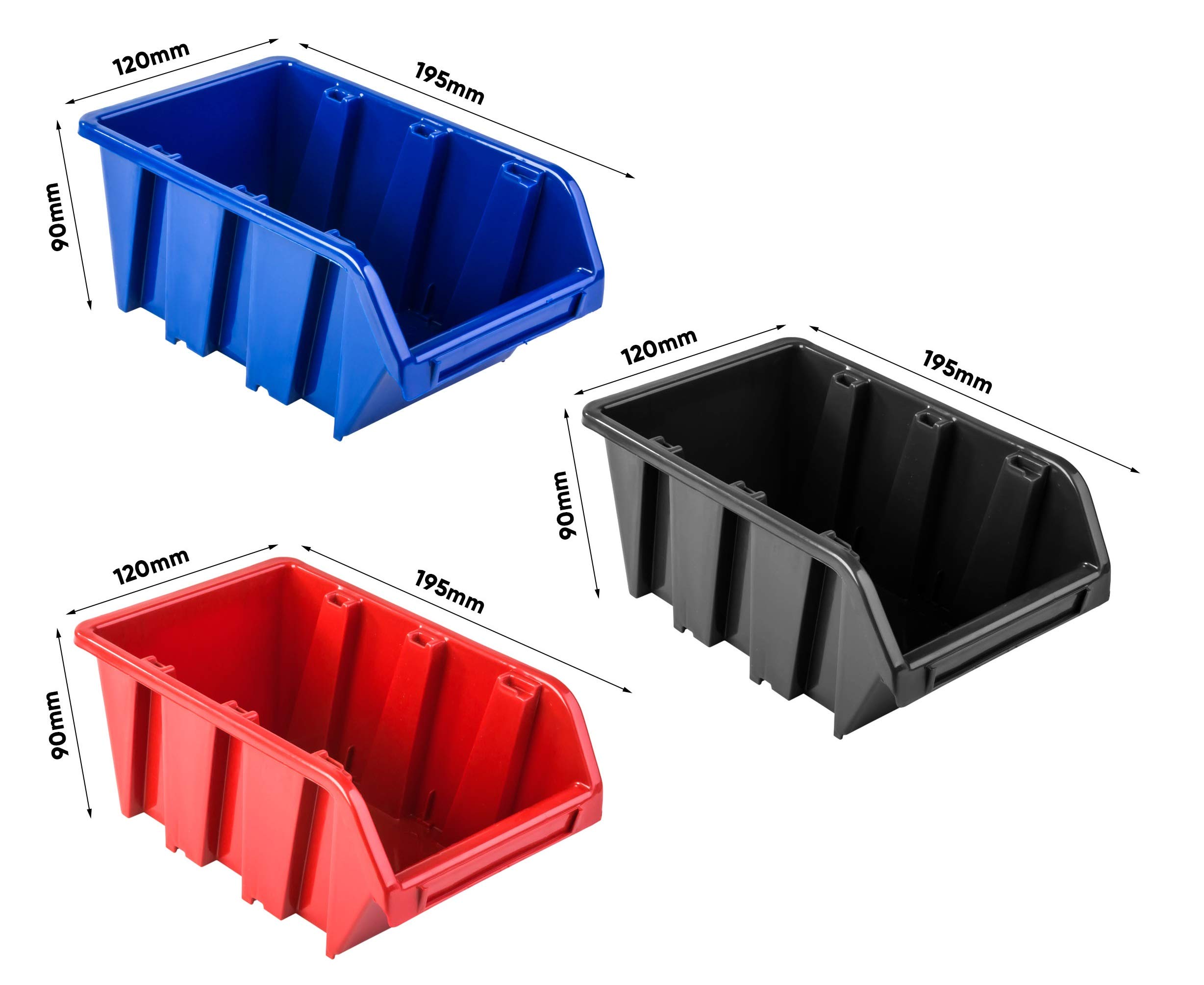 PAFEN Stapelboxen Wandregal - 1152 x 780 mm - Lagersystem 54 TLG Boxen Werkzeuglochwand Schüttenregal (Rot/Blau/Schwarz)